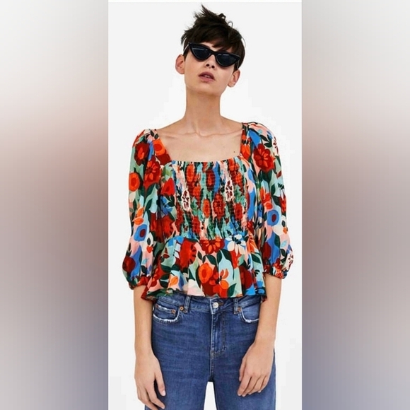 Zara Tops - Zara Orange and Blue Smocked Peplum Blouse with Bell Sleeves